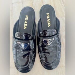 Prada Black Patent Leather Mules, Elegant comfortable stylish, size 37.5